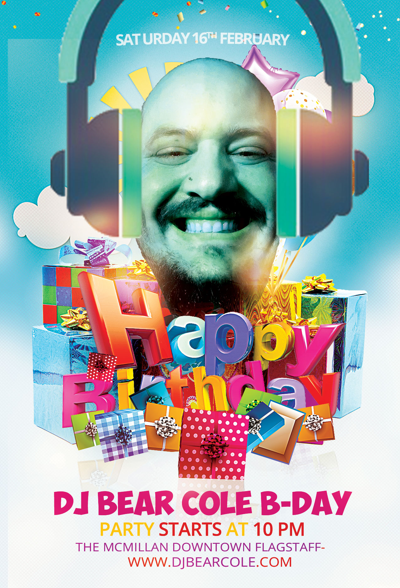DJ Bear Cole birthday party flyer